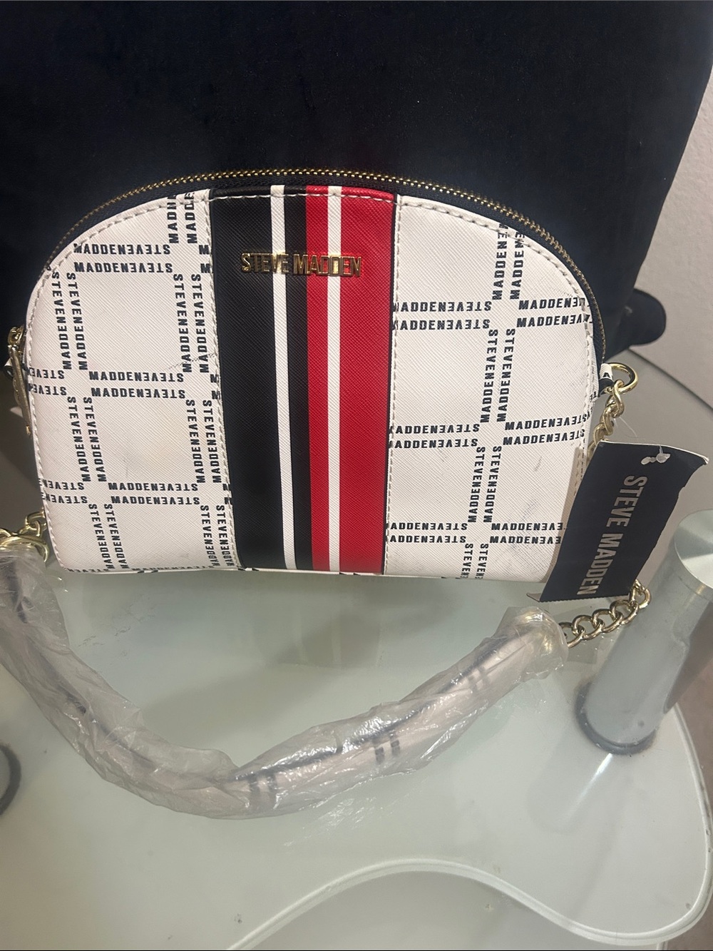 Steve Madden White Crossbody with Red and Black Center Stripes